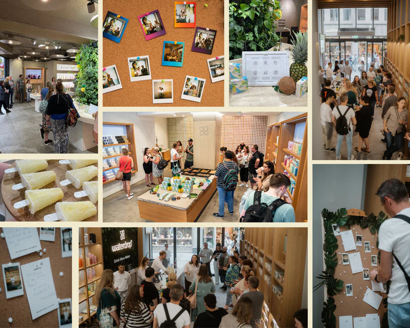 A collage of people shopping, featuring individuals with backpacks and white shirts, a table with food, and a cork board with polaroid pictures.