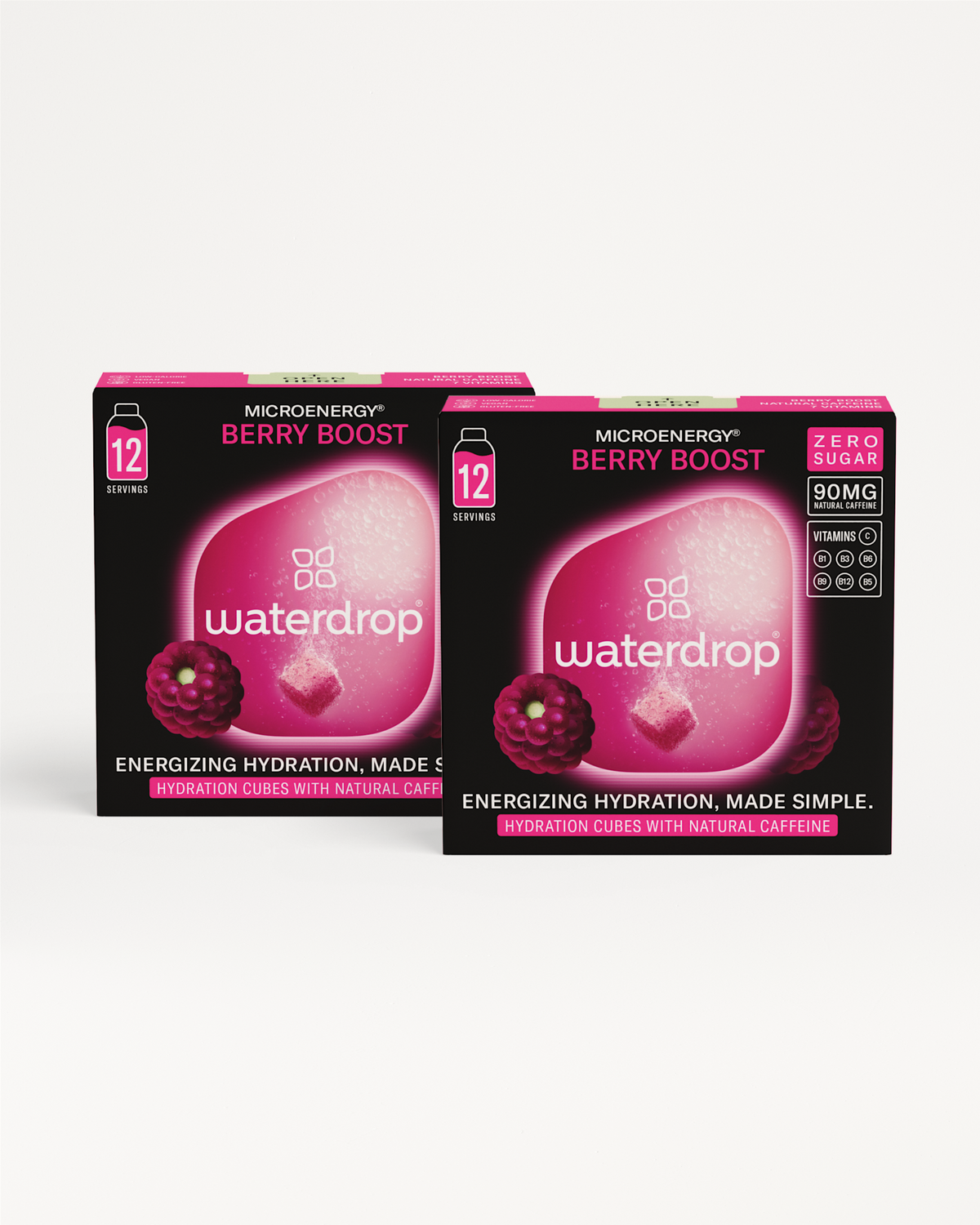 Microenergy BOOST Twin Pack boxes with berry-flavored hydration cubes.