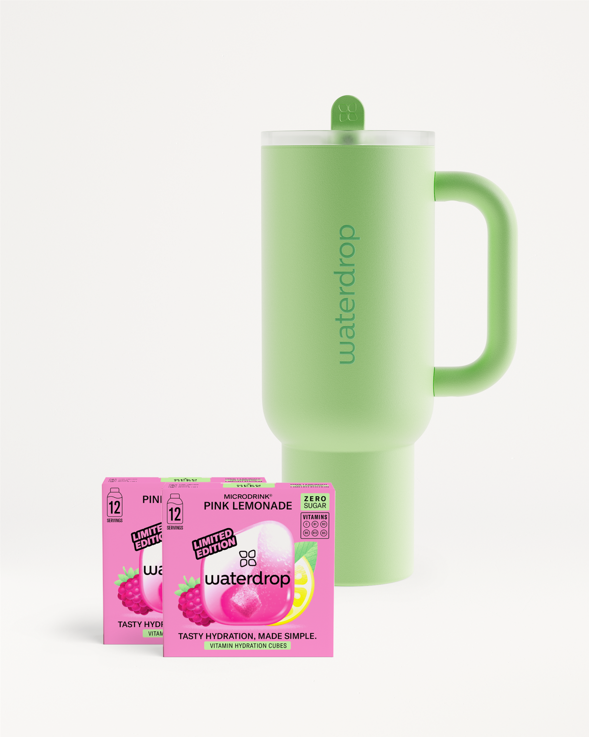 Explorer Set green mug with pink lemonade text.