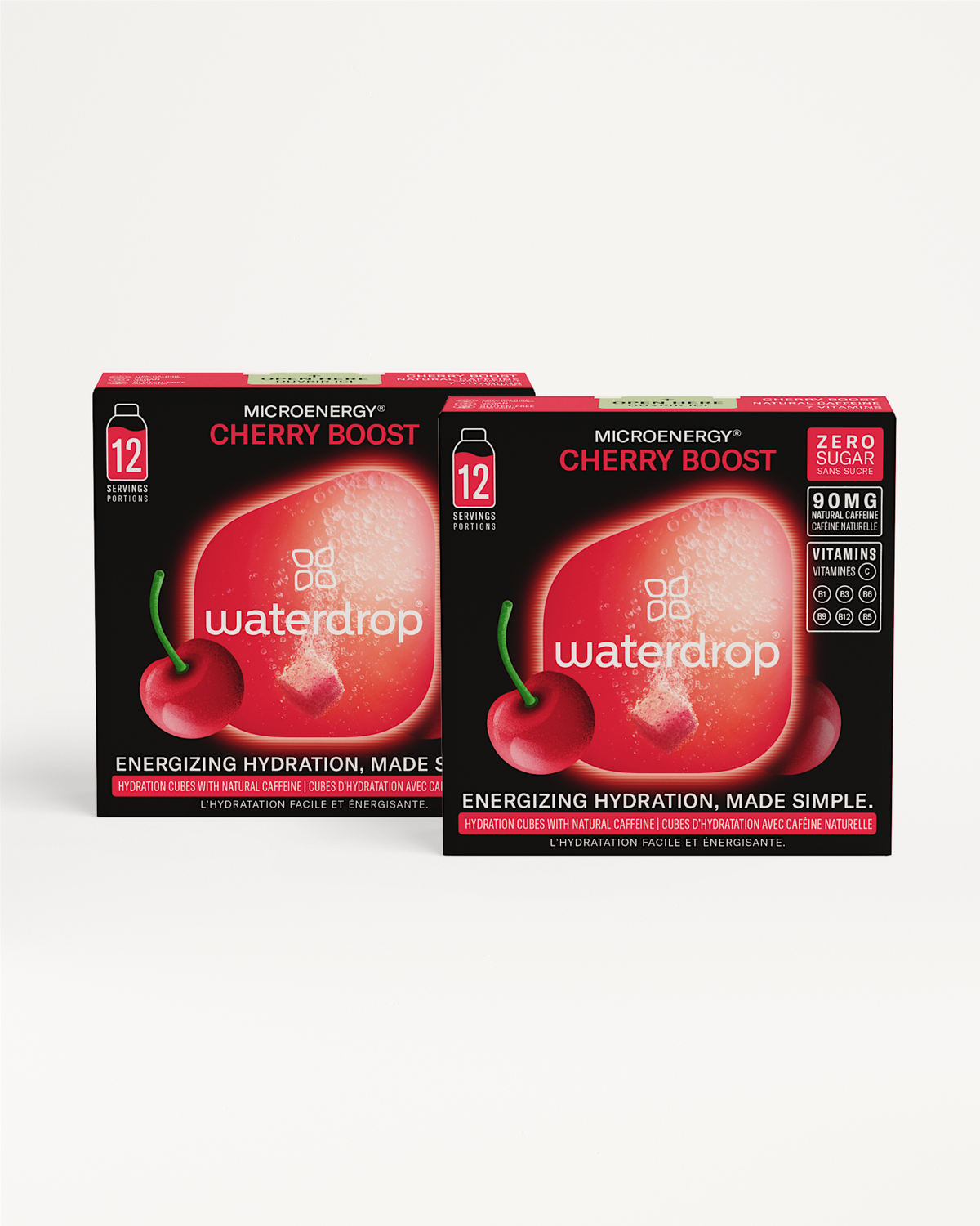 Microenergy BOOST Twin Pack Cherry hydration cubes in retail boxes.