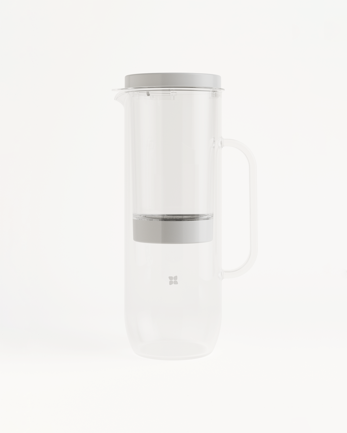 LUCY® Filter Carafe: A clear glass pitcher with a white lid, designed for elegant and efficient water filtration.