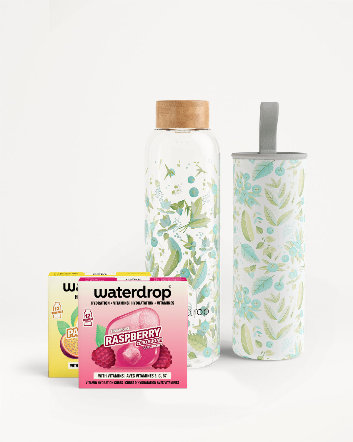 Edition Glass Microdrink Set with hydration cubes and patterned bottle.