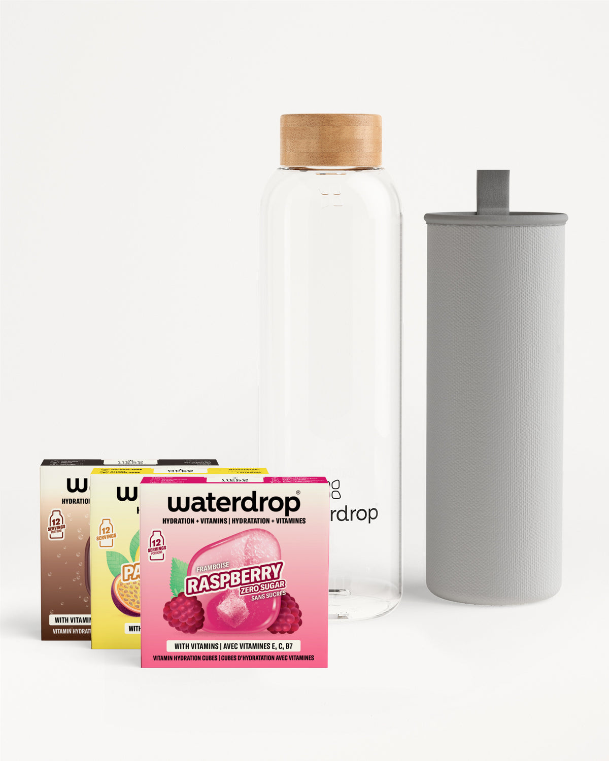 Edition Glass Microdrink Set: hydration cubes, glass bottle, protective sleeve.