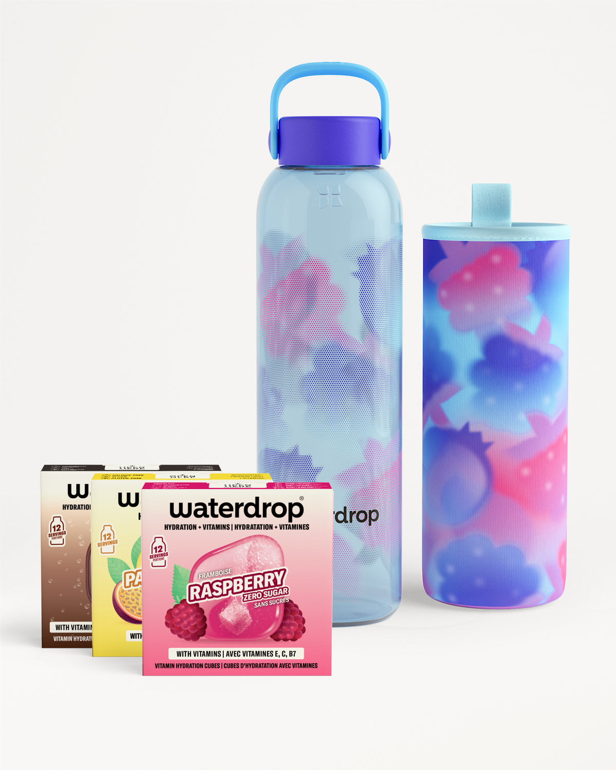 Edition Glass Microdrink Set: hydration cubes with glass bottle and sleeve.
