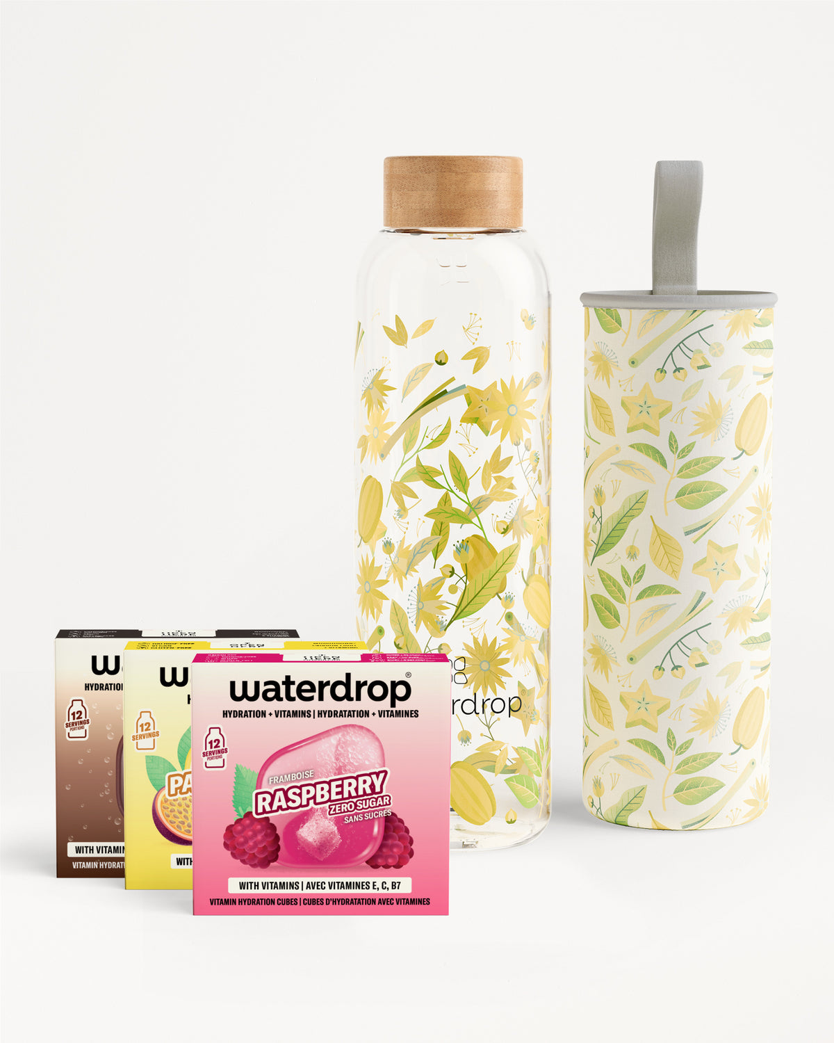 Edition Glass Microdrink Set: glass bottle, bamboo lid, sleeve, hydration cubes.