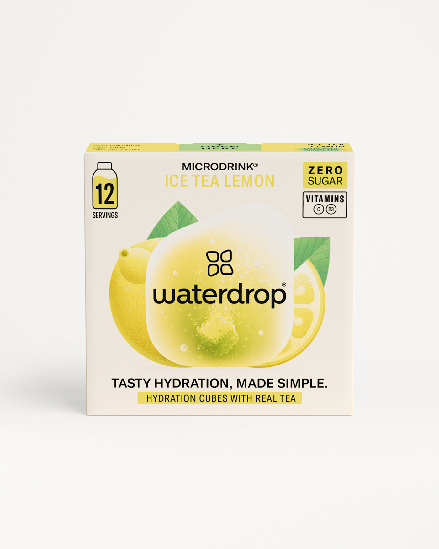 Box of ICE TEA LEMON, a waterdrop® EU product, featuring lemon and green tea mix, ready to dissolve in water for a refreshing beverage.
