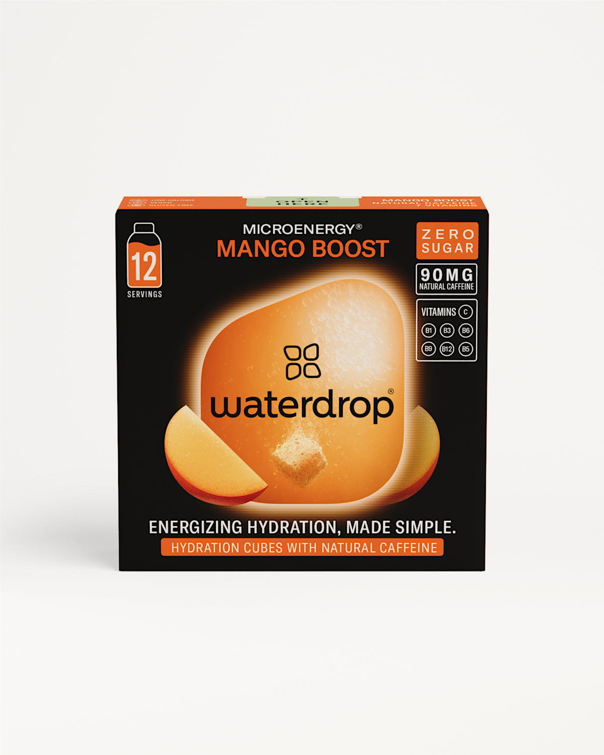 MANGO BOOST hydration cubes, 12 servings, zero sugar, 90 mg caffeine.