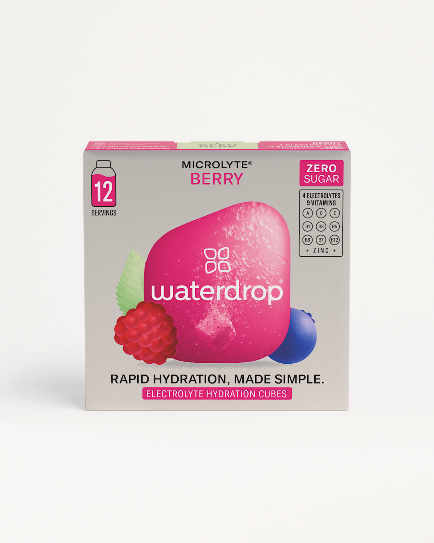 12-pack of Microlyte BERRY waterdrops, containing electrolytes for sports hydration, with visible logo and fruit illustrations on packaging.
