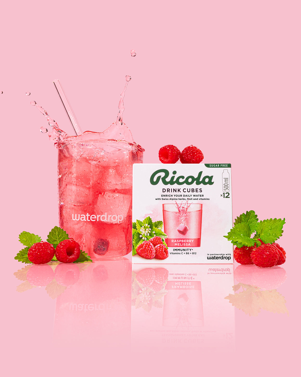 waterdrop® x Ricola Exclusive Set with Raspberry Melissa Drink Cubes.