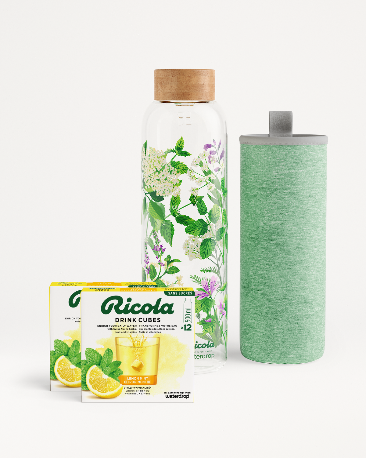 Ricola Bottle Set with Lemon-Mint hydration cubes and glass bottle.