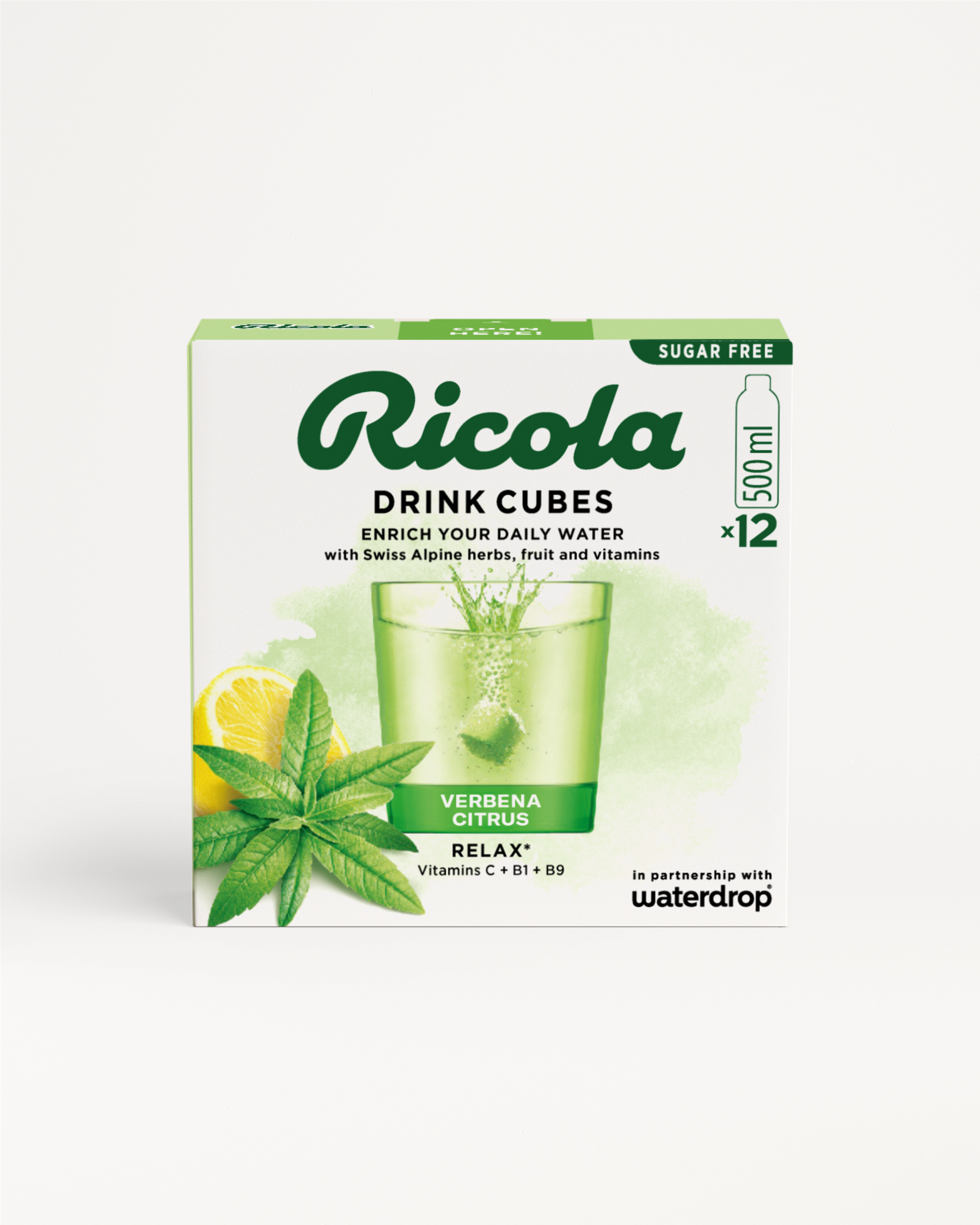 Ricola Verbena Citrus Drink Cubes, sugar-free water flavor enhancer.