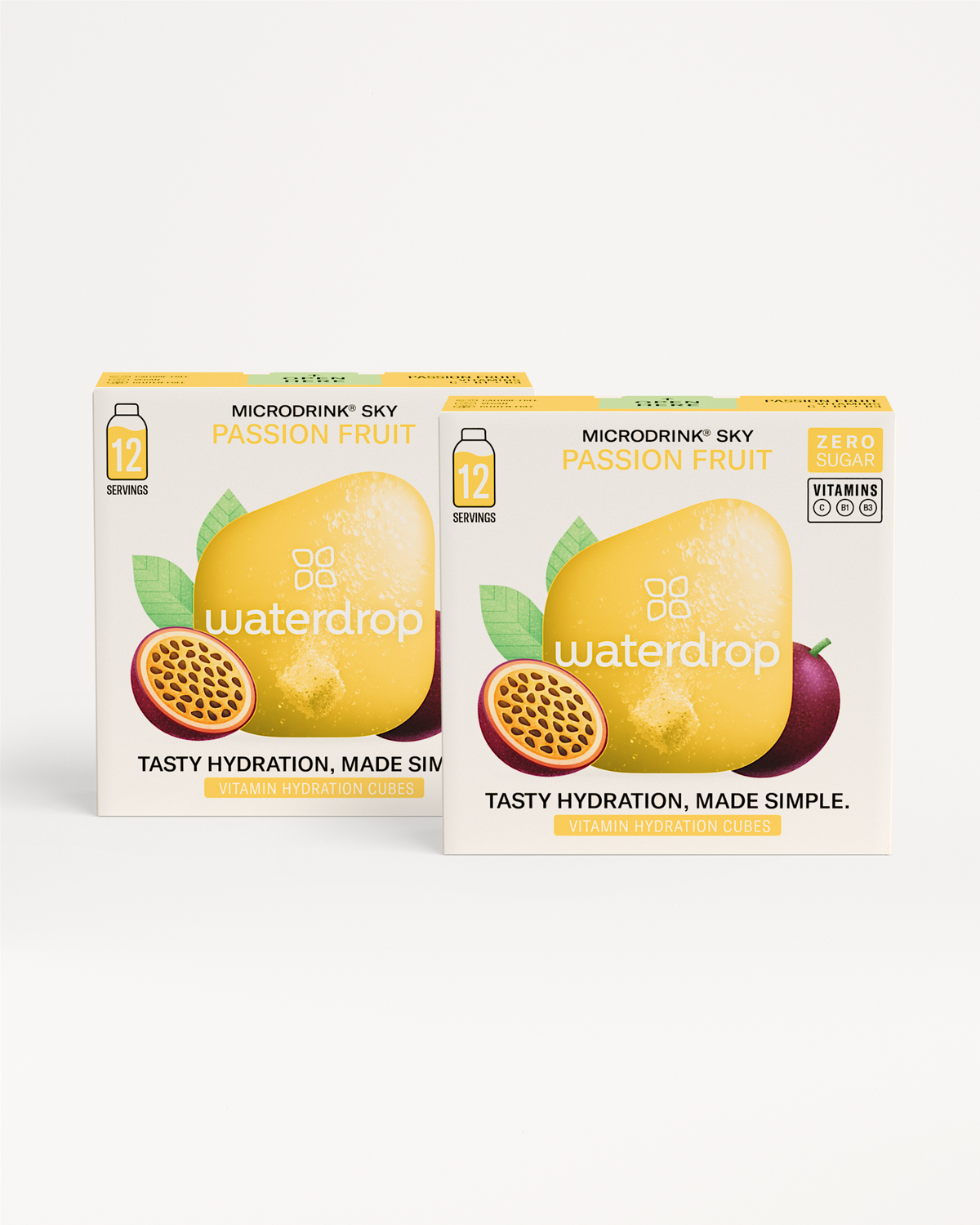 Microdrink 1+1 Passion Fruit hydration cubes, 12 servings each.