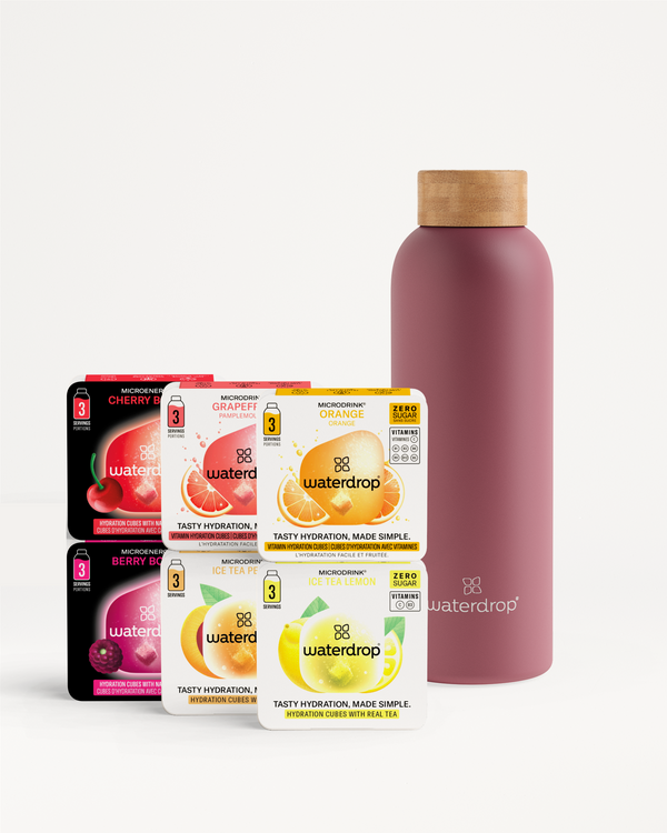Starter Set Thermo Steel with flavored hydration cubes and bottle.