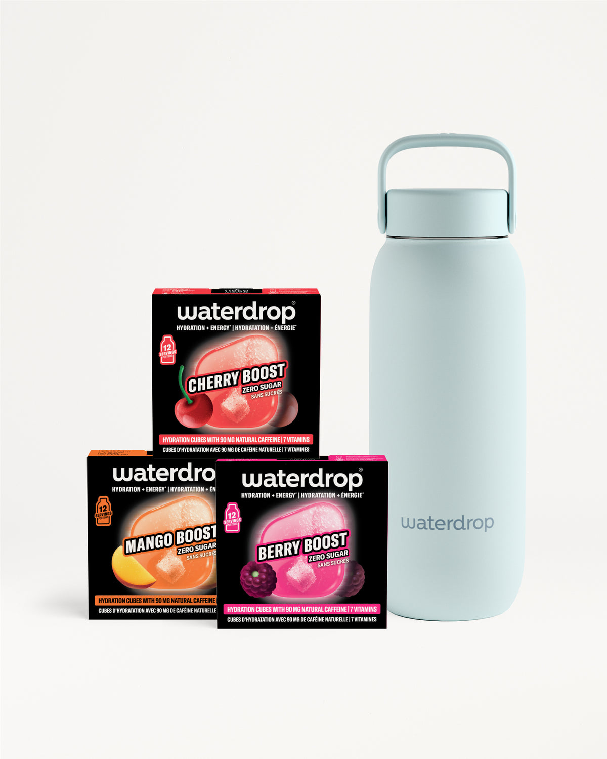 Three flavor-boost sachet boxes beside a light blue reusable water bottle.