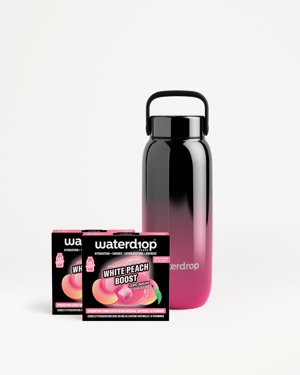 Reusable gradient black-to-pink water bottle beside two Waterdrop packaging boxes.