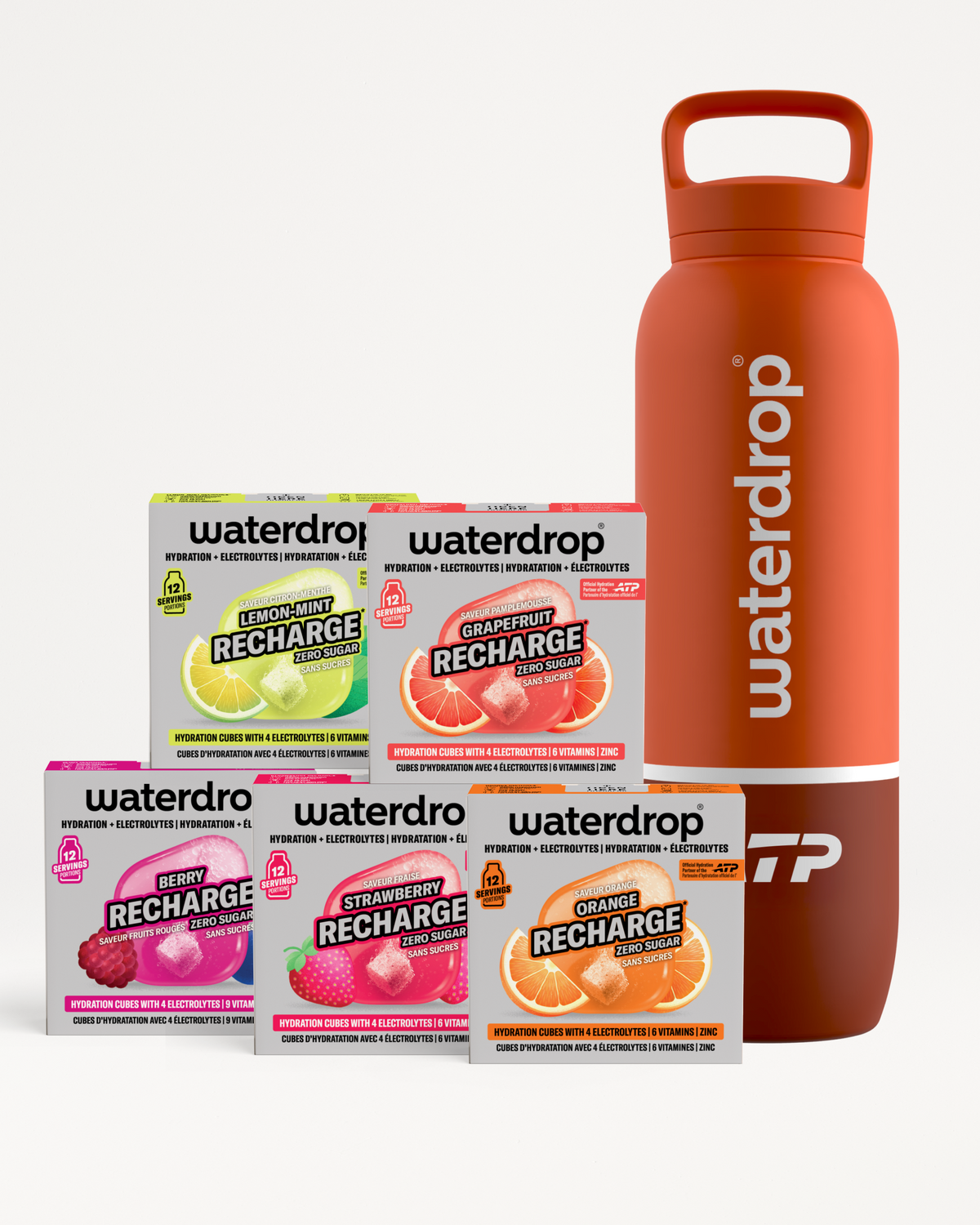 Assorted Waterdrop Recharge flavor boxes with an orange reusable bottle.