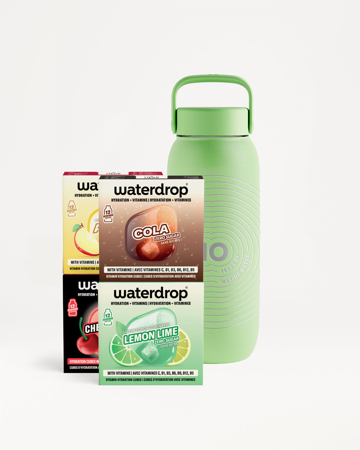 Green reusable water bottle with a handle beside a three-pack of Waterdrop flavor boxes.