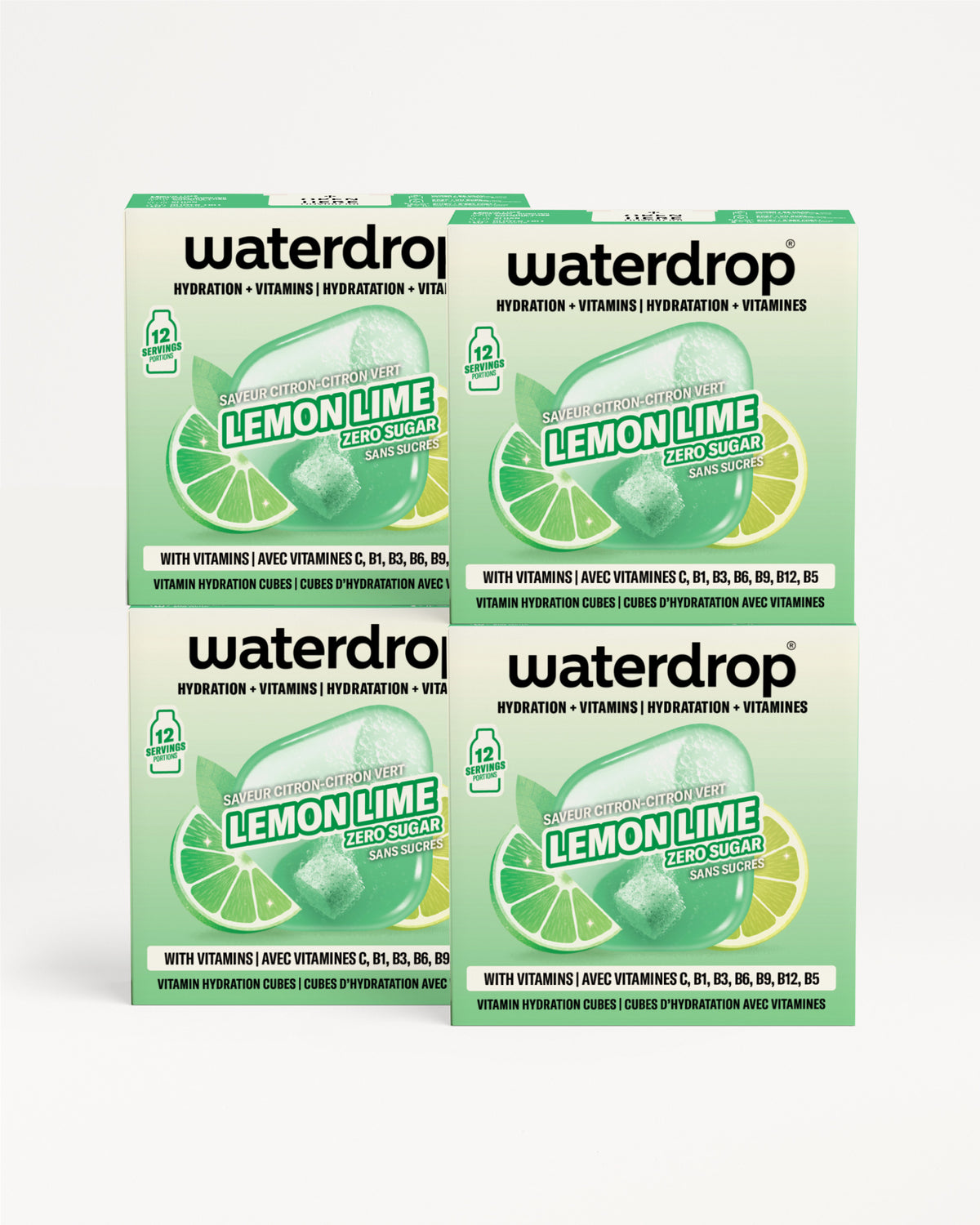 Four-pack of hydration drink tablets in green and white packaging, arranged in a 2-by-2 grid.