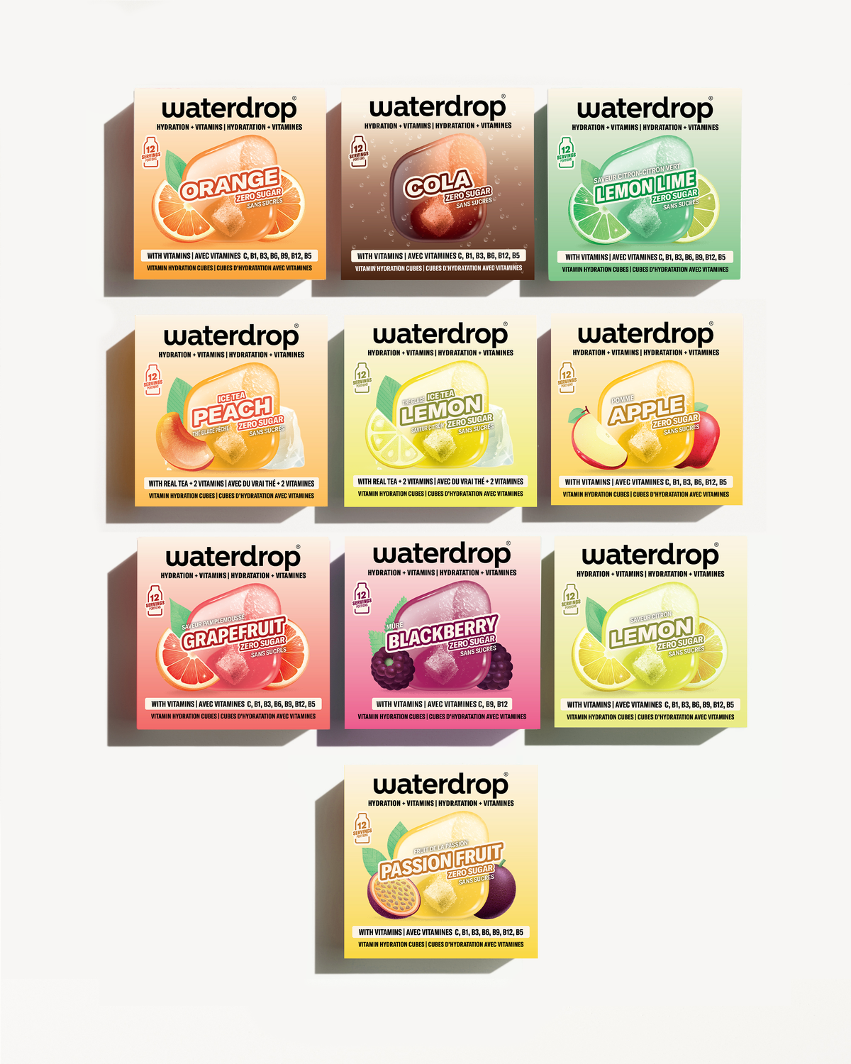 Assortment of Waterdrop flavor boxes arranged in a grid.