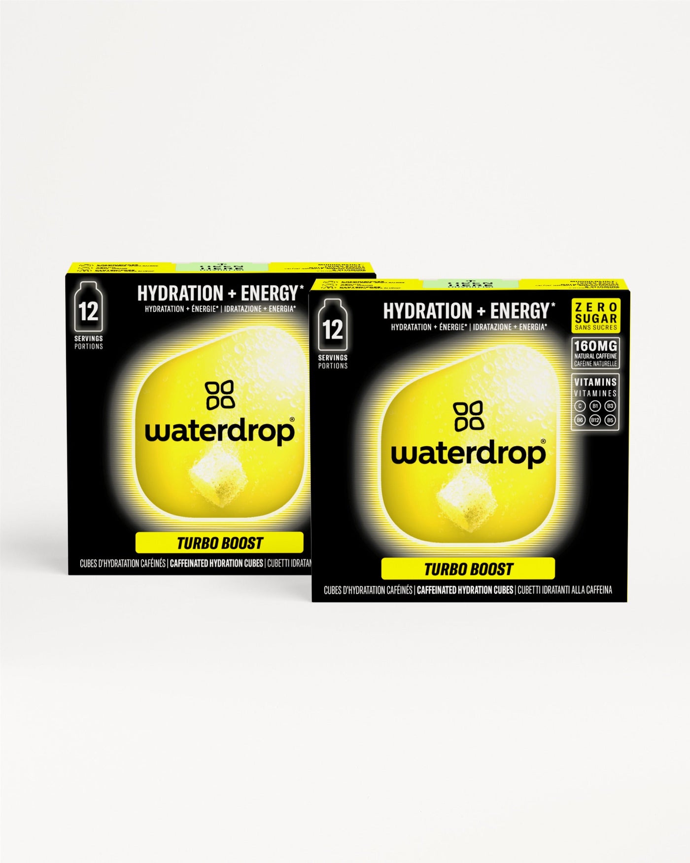Two black and yellow boxes for hydration energy cubes displayed side by side.