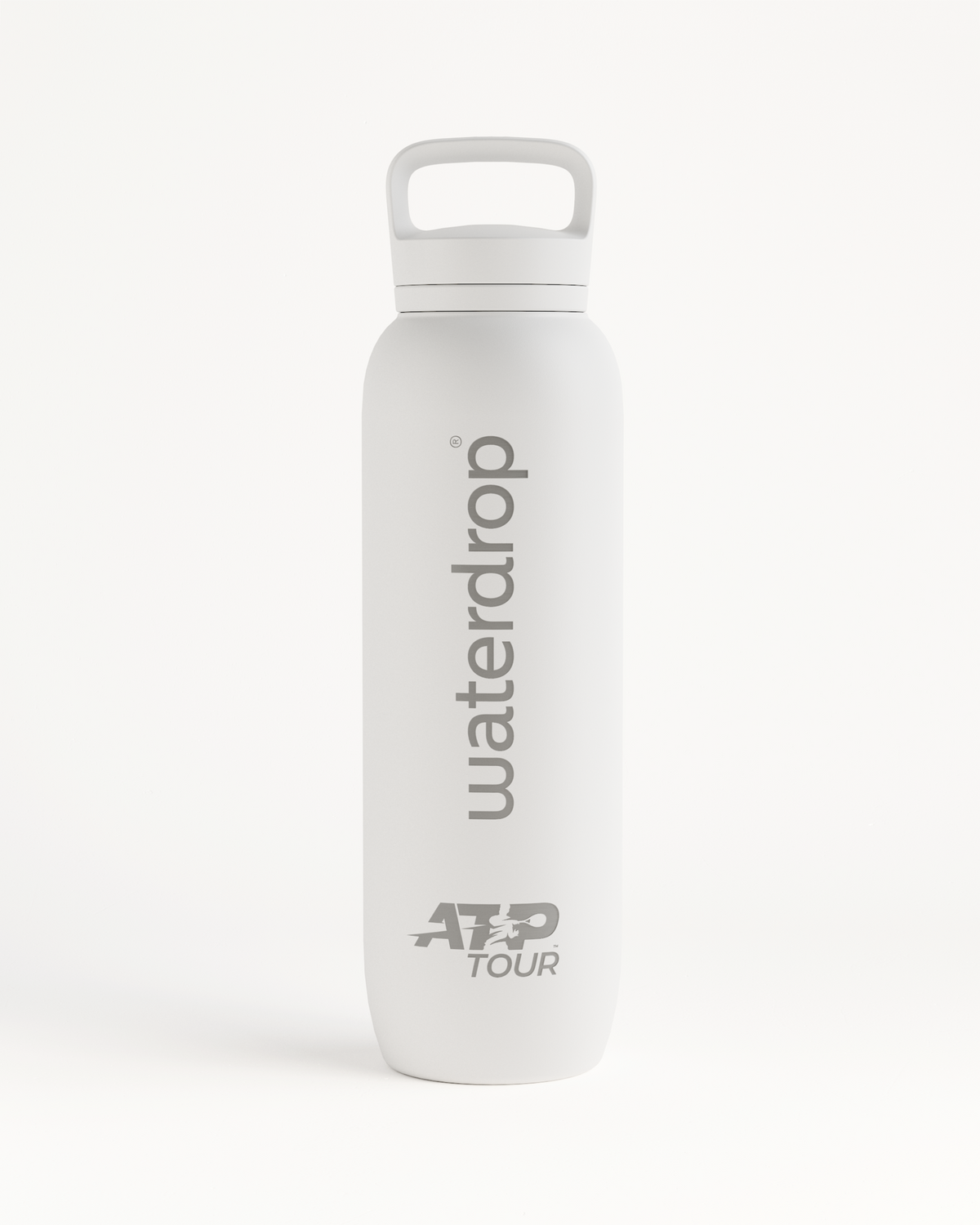 Official ATP Tour waterdrop all-purpose Thermo with Spout Lid, co-branded stainless steel water bottle for tennis pros, featuring an ergonomic handle and insulating design.