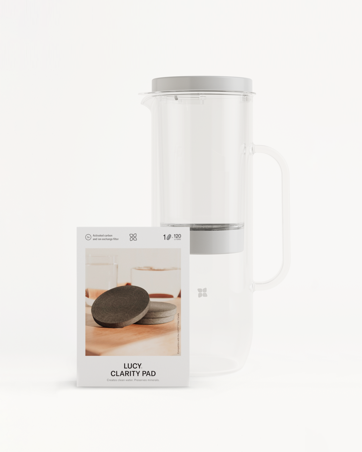 LUCY® Filter Carafe Refill Set featuring a clear glass pitcher with a white lid and 4 round LUCY® Clarity Pads for water filtration.