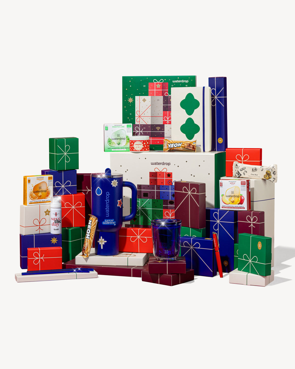 Advent Calendar Set with waterdrop® drinks, accessories, and snacks.