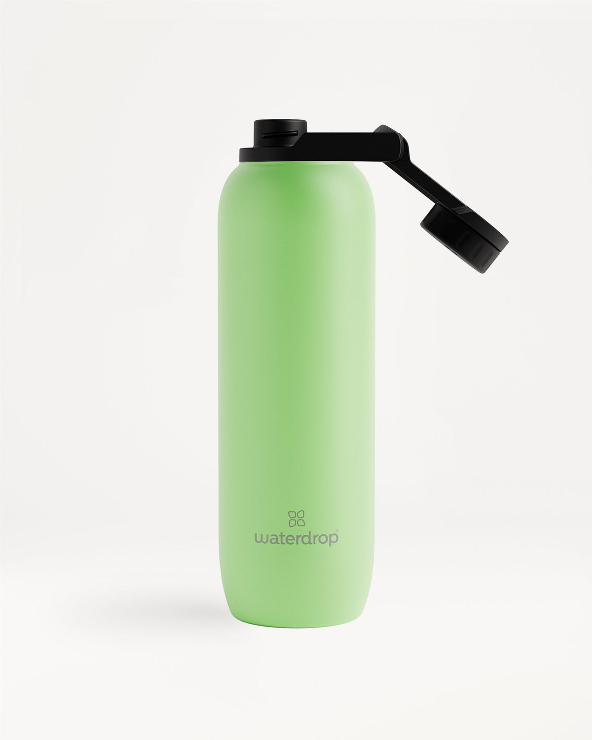 All-Purpose Thermo Swing Lid: Green water bottle with black cap, vacuum-insulated for 24 hours of cold refreshment, available in multiple sizes.