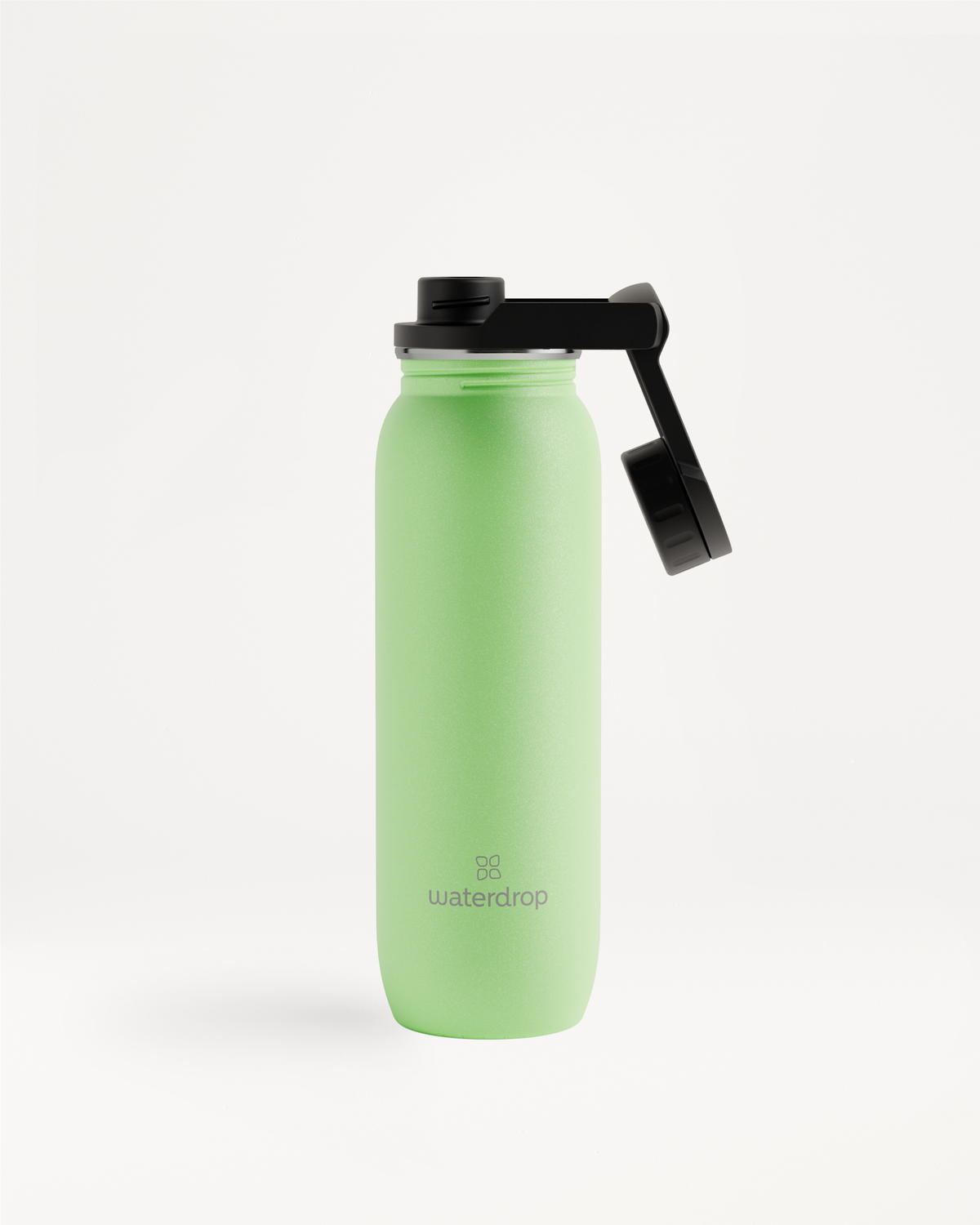 All-Purpose Ultralight Bottle with Swing Lid, featuring a black cap and practical handle, ideal for excursions and everyday hydration, shown in green.