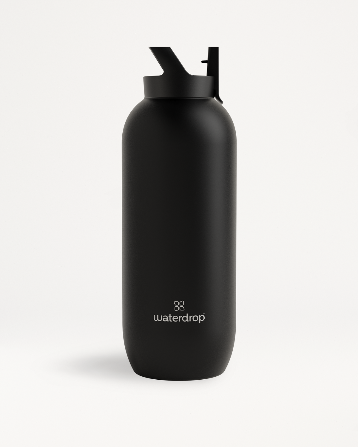 All-Purpose Thermo · Straw Lid: Black stainless steel water bottle with a screw-on straw lid, designed for keeping drinks cold for up to 24 hours.