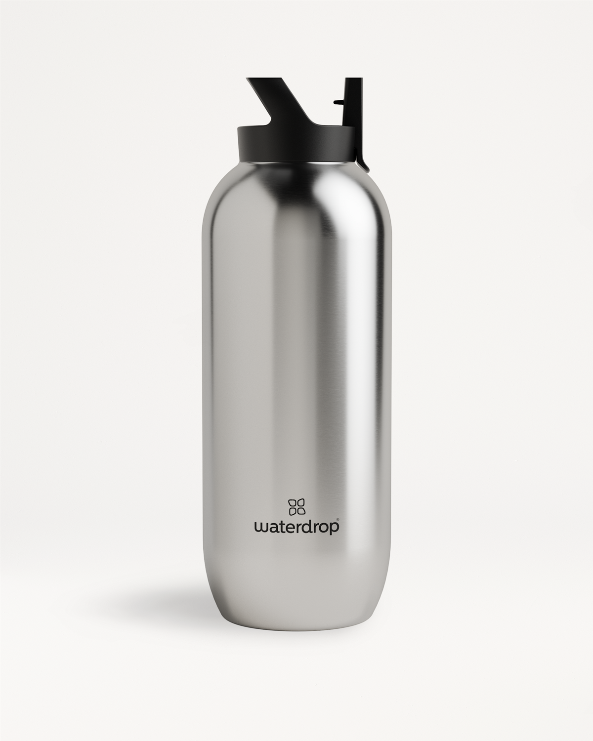 All-Purpose Thermo · Straw Lid: A silver, double-walled stainless steel water bottle with a black straw lid, designed to keep drinks cold for up to 24 hours.