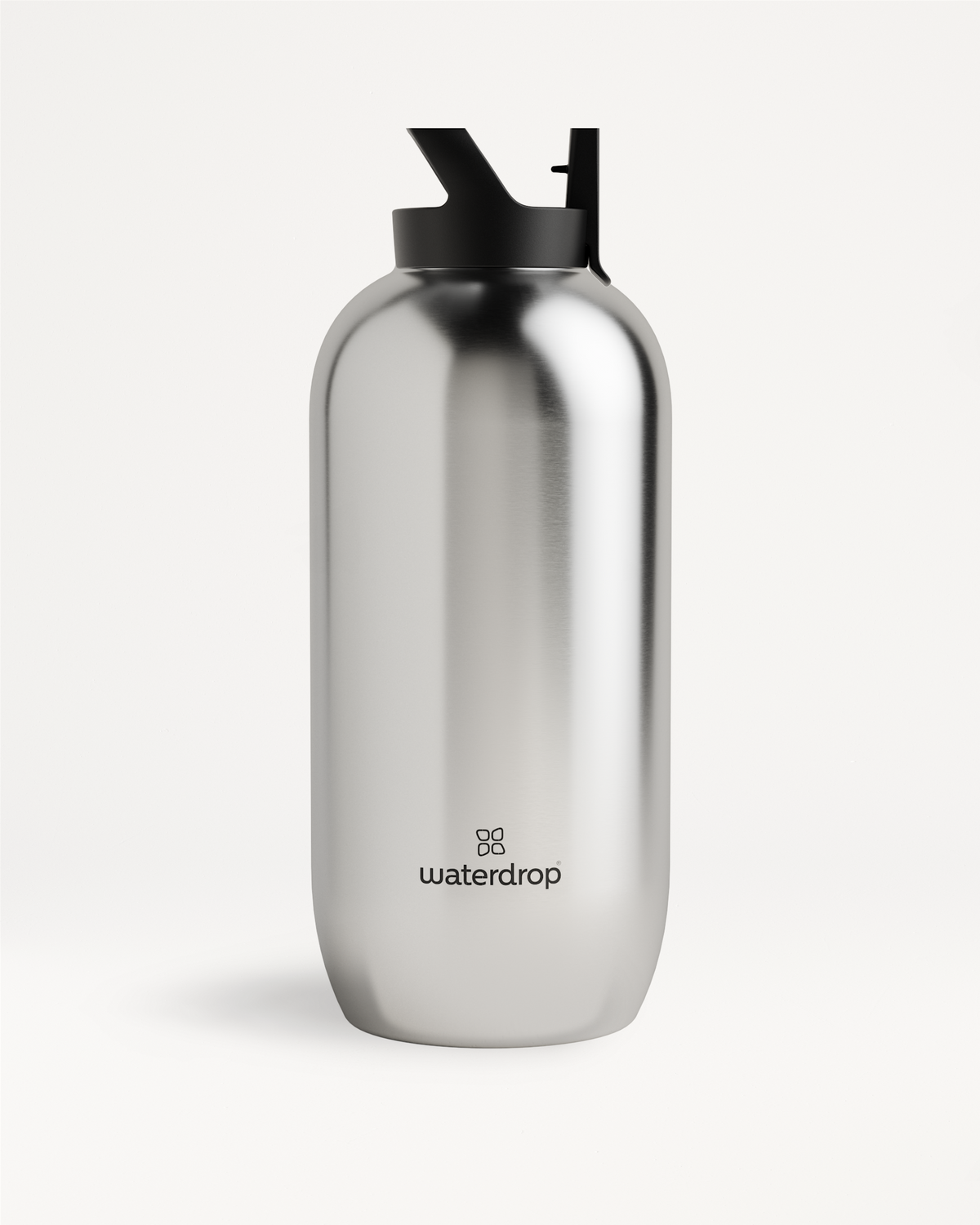 All-Purpose Thermo · Straw Lid: A silver water bottle with a black lid, featuring double-walled stainless steel for 24-hour cold retention and a large opening for ice cubes.