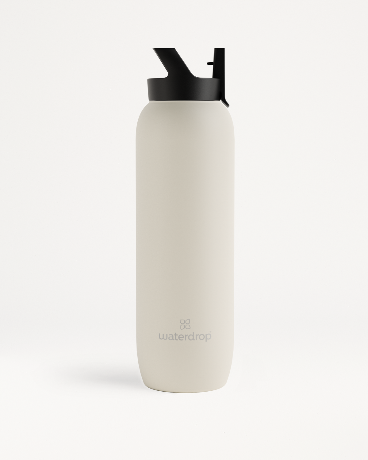 All-Purpose Thermo · Straw Lid: A double-walled stainless steel white water bottle with a black lid, designed to keep drinks cold for up to 24 hours.