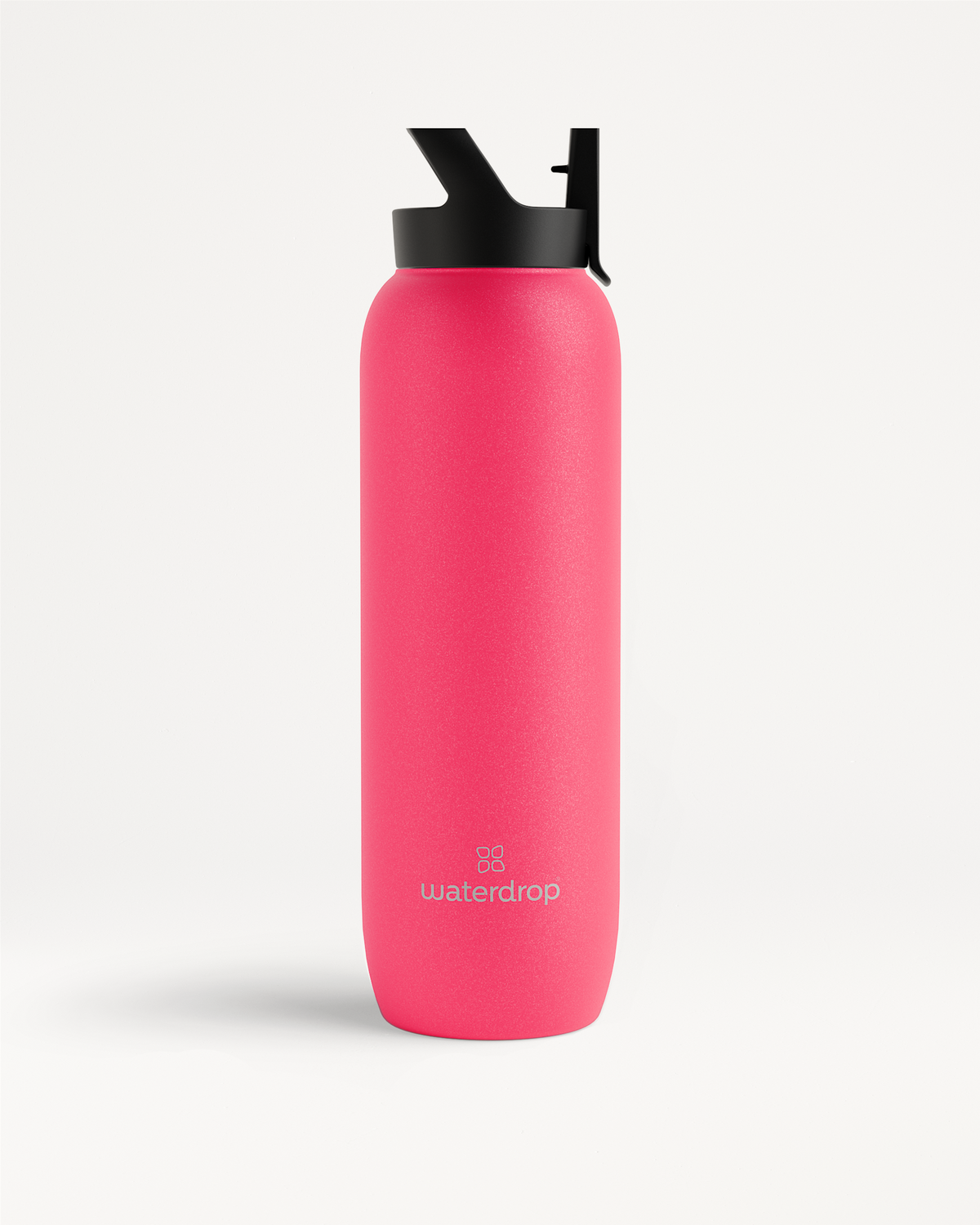 All-Purpose Thermo · Straw Lid, a pink water bottle with a black lid, features double-walled insulation for 24-hour cold drinks and an extra-large opening for ice cubes.