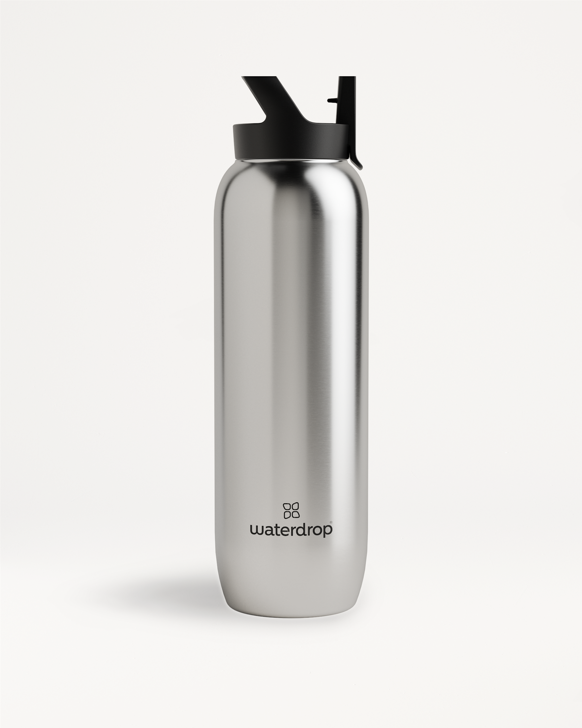 Silver All-Purpose Thermo with a black Straw Lid, designed to keep drinks ice-cold for up to 24 hours with double-walled stainless steel and extra large opening for ice cubes.