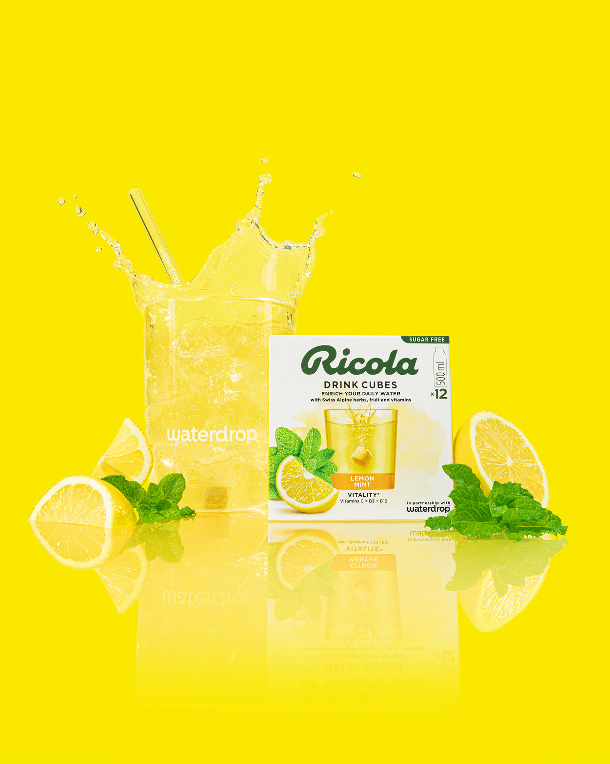 Ricola Glass Gift Set with Lemon Mint cubes and fresh ingredients.