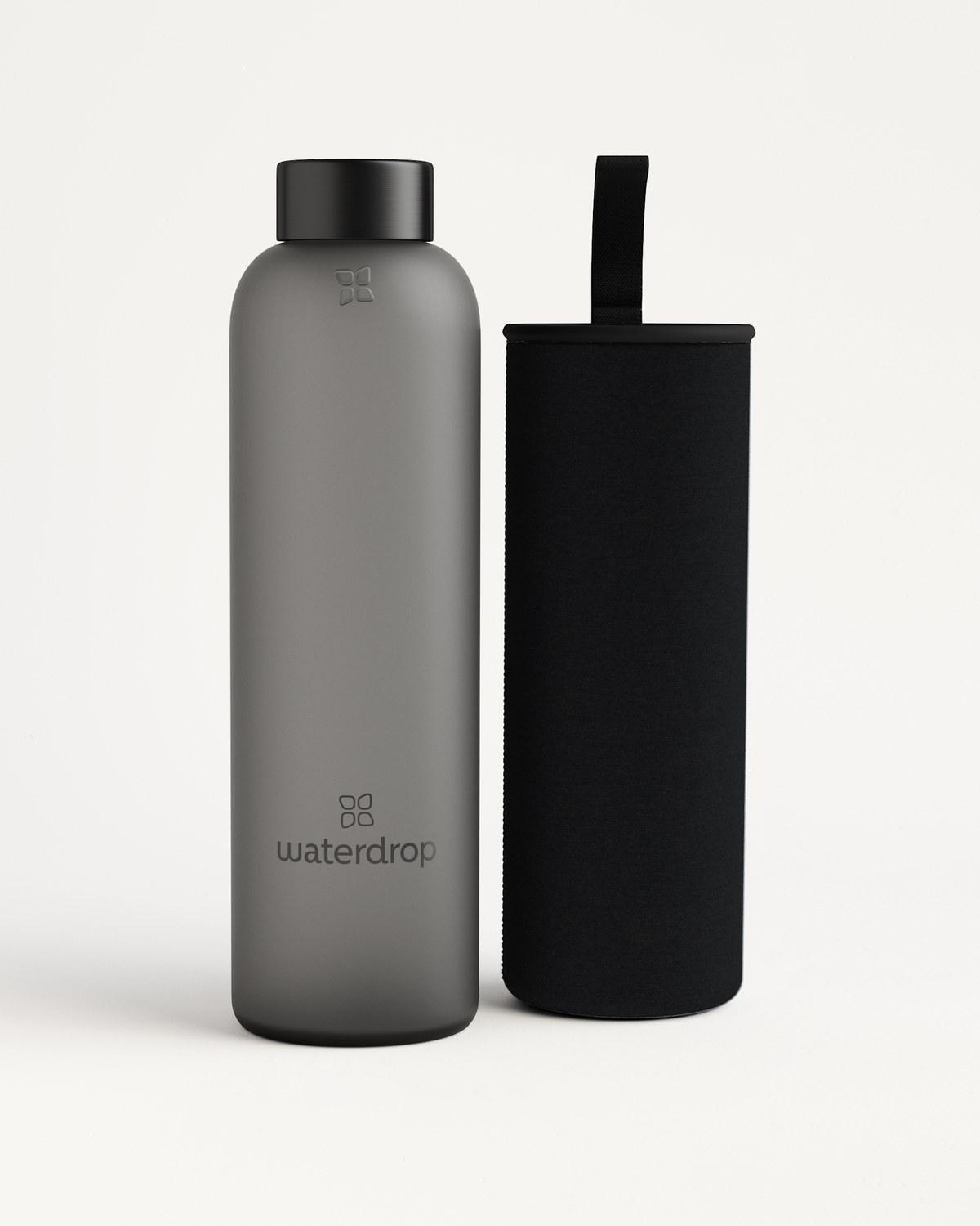 Frosted Glass water bottle with a black protective case, made from durable borosilicate glass for long-lasting use at home or on the go.