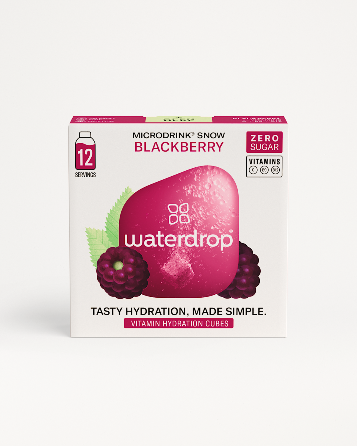 12-pack of waterdrop Microdrink BLACKBERRY cubes, featuring BLACKBERRY microdrink , blueberry, and apple flavors.