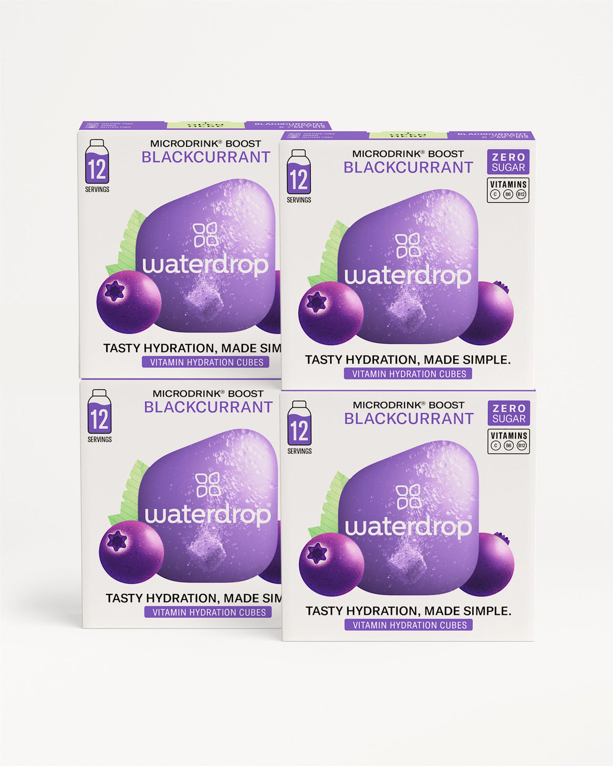 Microdrink 3+1 Set: Blackcurrant flavor hydration cubes in retail boxes.