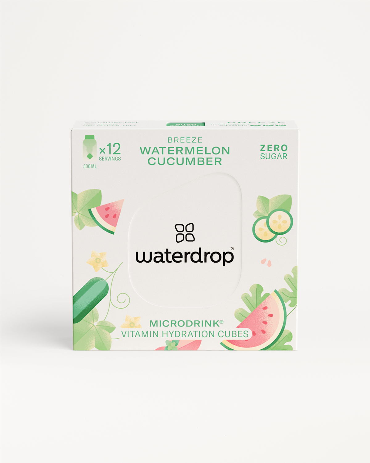 Box of WATERMELON Microdrink with cucumber and thyme, featuring a logo and slice images on the packaging, reflecting summer refreshment.