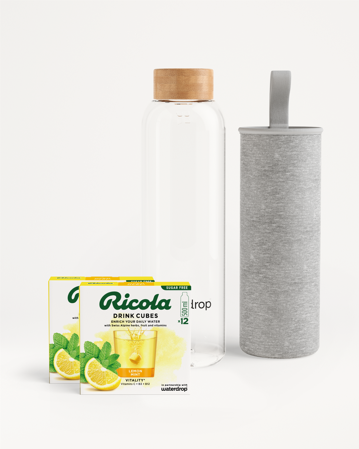 Ricola Bottle Set: Lemon-mint cubes, glass bottle, neoprene pouch.