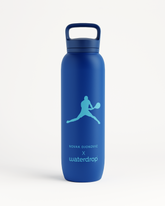 Novak Djokovic All-Purpose Thermo Spout Lid Bottle with his logo, double-walled stainless steel for keeping drinks cold up to 24 hours.