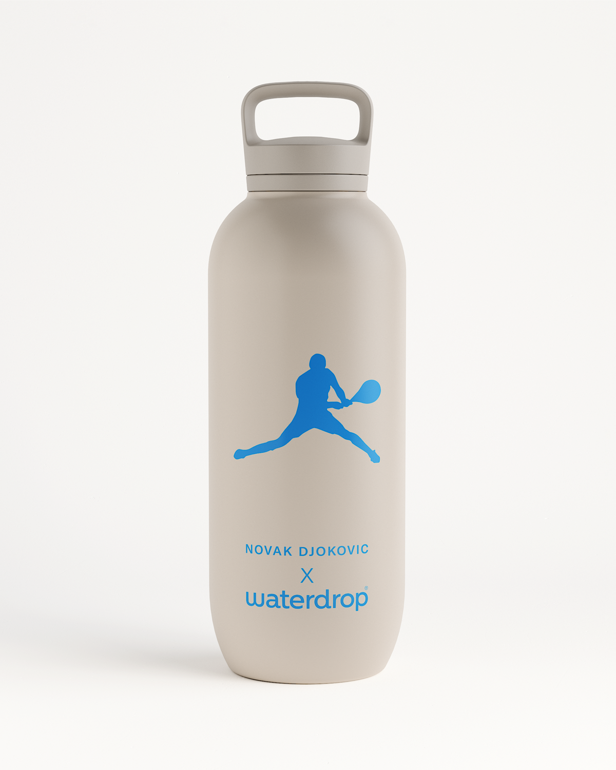 Novak Djokovic All-Purpose Thermo Spout Lid water bottle featuring a blue silhouette of a person holding a tennis racket, ideal for keeping drinks cold up to 24 hours.