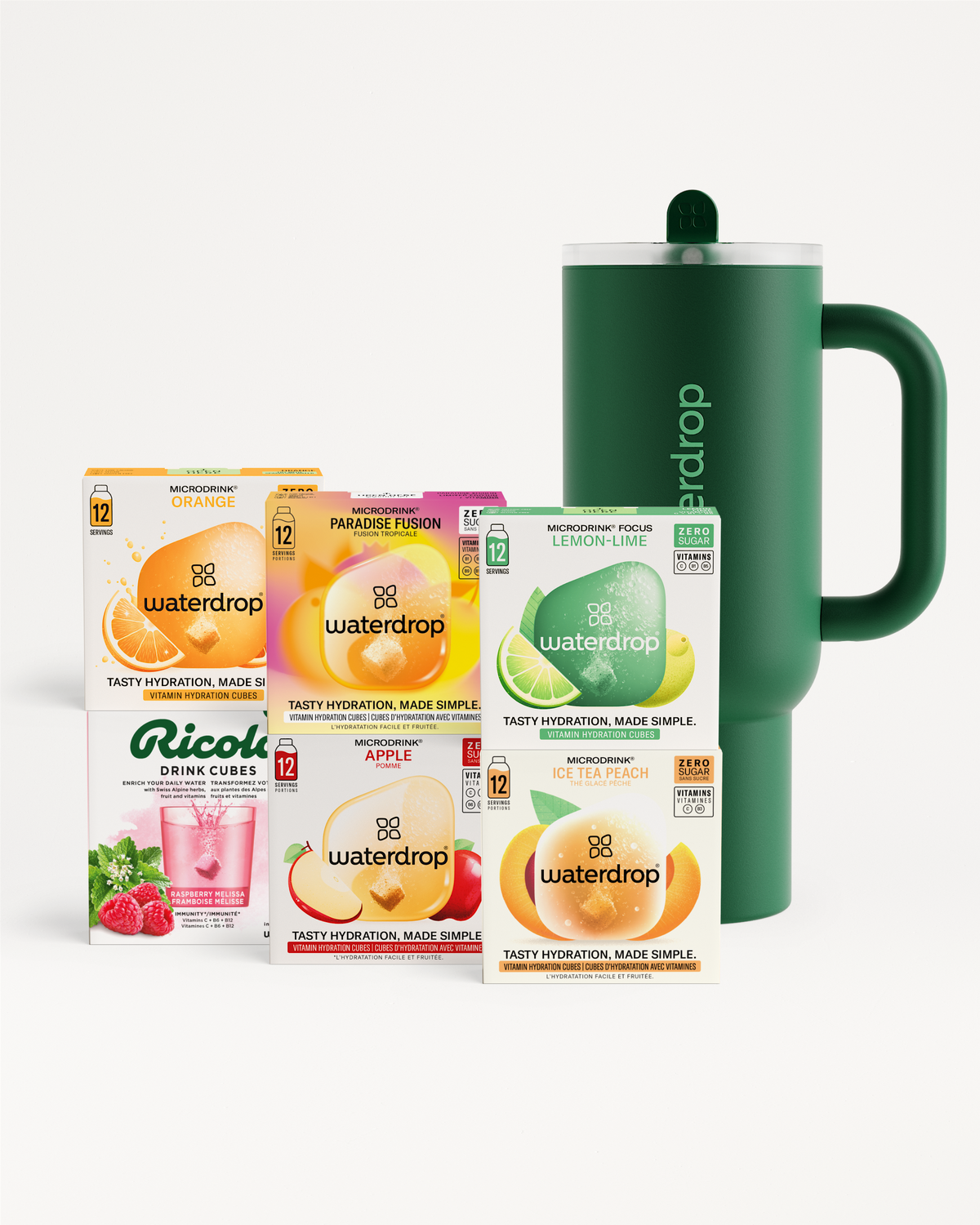 Christmas Explorer Bestseller Set: six hydration-cube packs, green waterdrop tumbler.