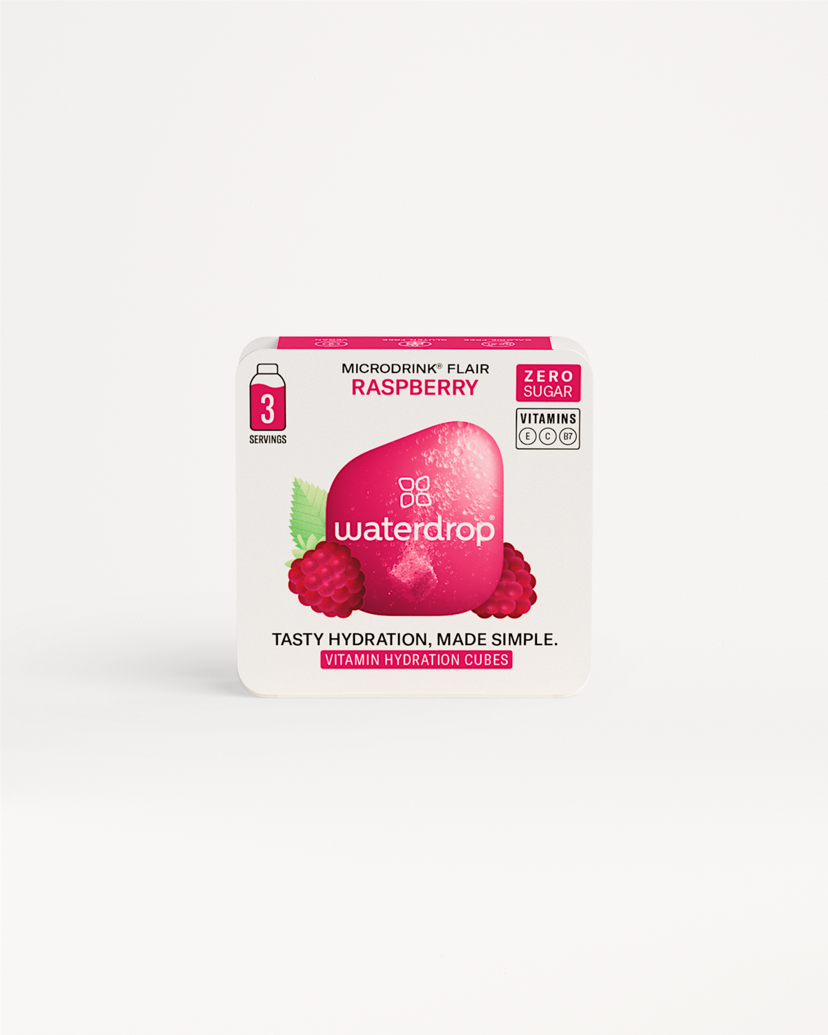 Choose your Flavour: Raspberry vitamin hydration cubes, sugar-free.