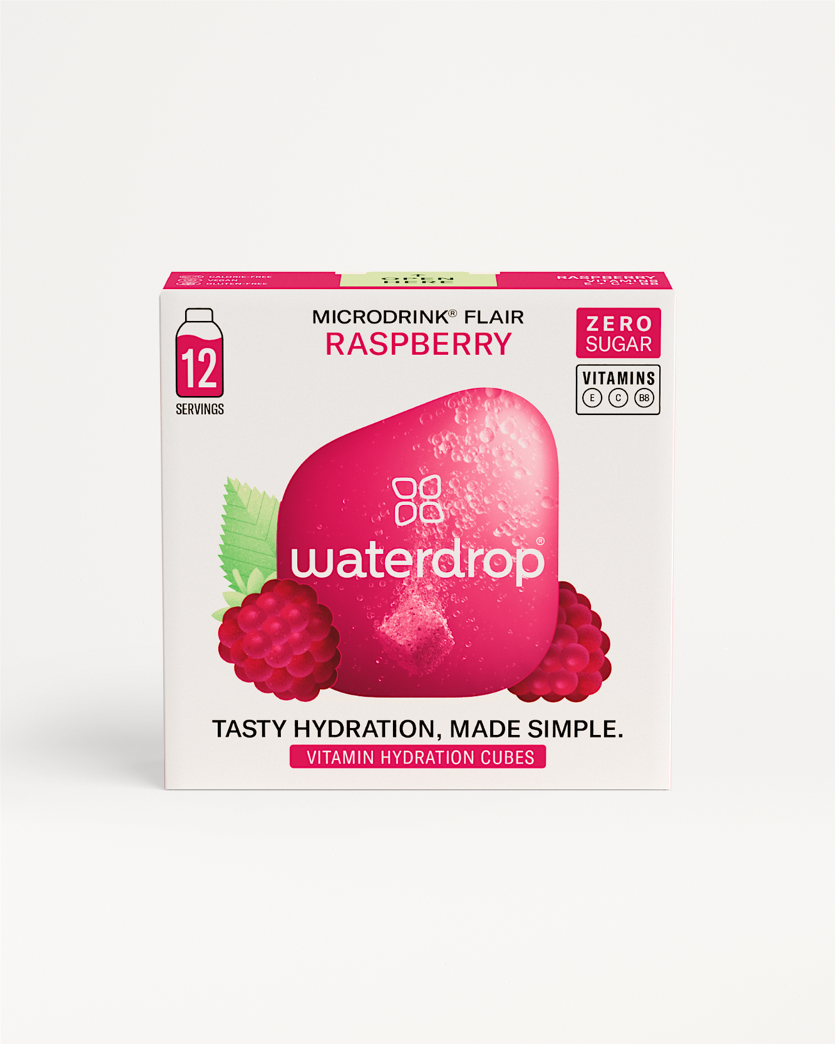 Box of RASPBERRY flavored Microdrink cubes with a logo, showcasing fresh raspberry, elderflower, and lime blossom flavors.