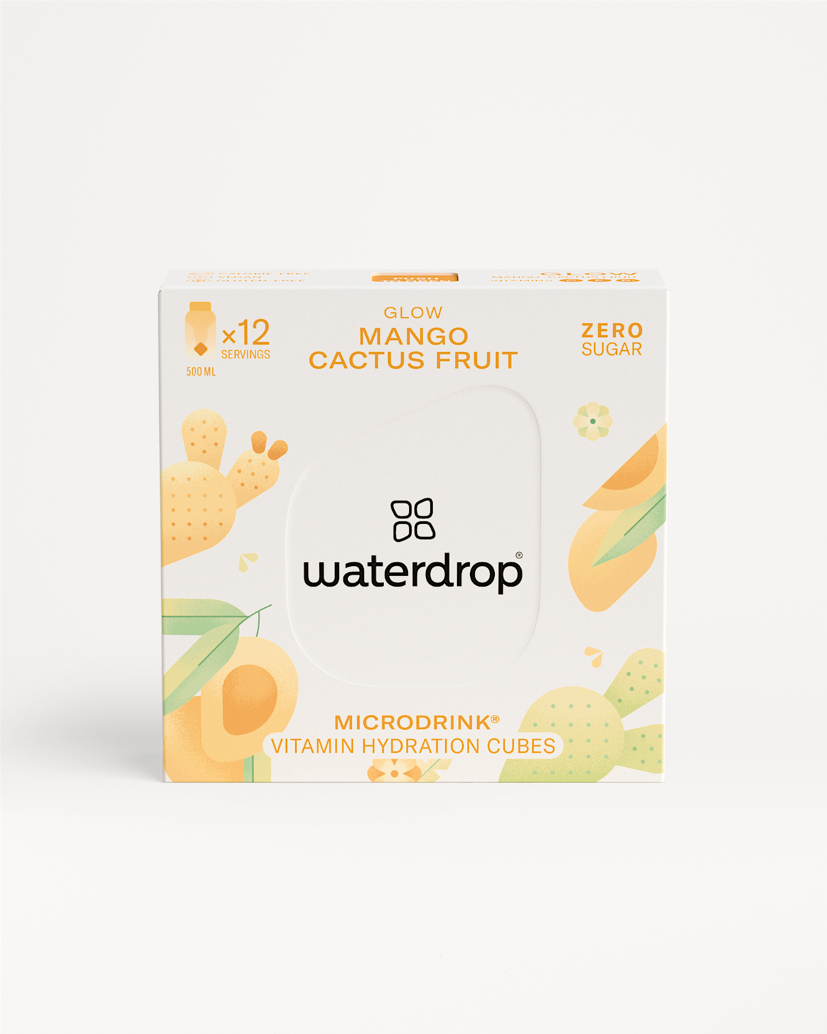 White box with orange and yellow fruit designs and MANGO text, highlighting a blend of mango, prickly pear, and apricot flavors.