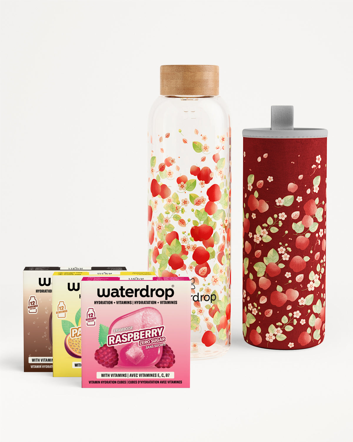 Edition Glass Microdrink Set with flavored hydration cubes and matching bottle.