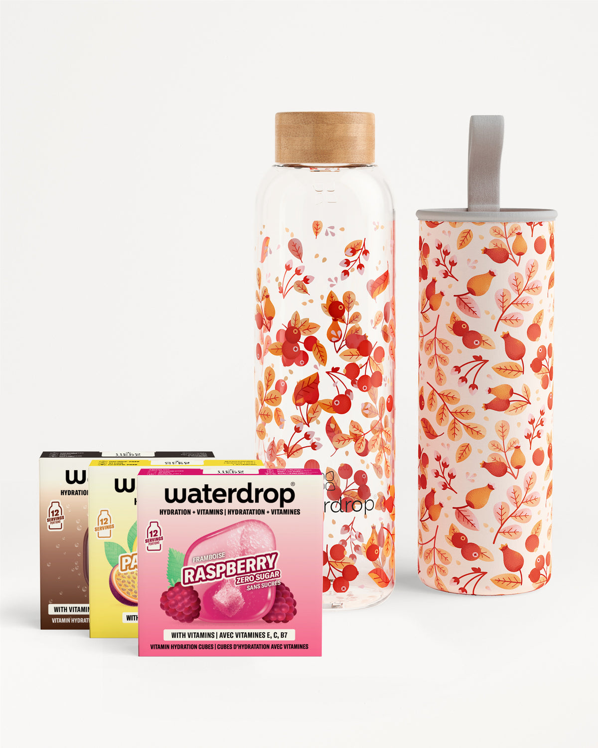 Edition Glass Microdrink Set with hydration cubes and botanical bottle.