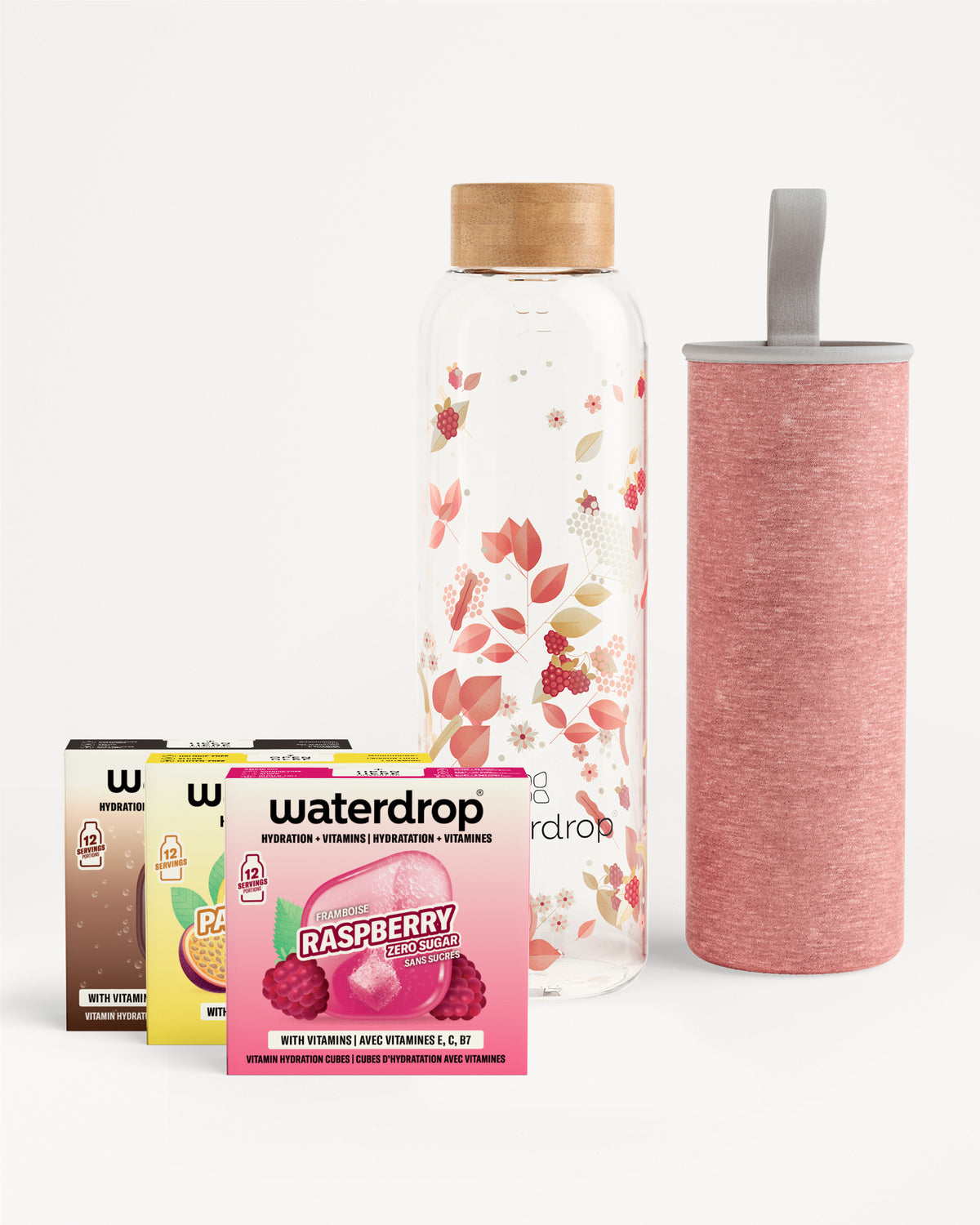 Edition Glass Microdrink Set with hydration cubes and fabric sleeve.